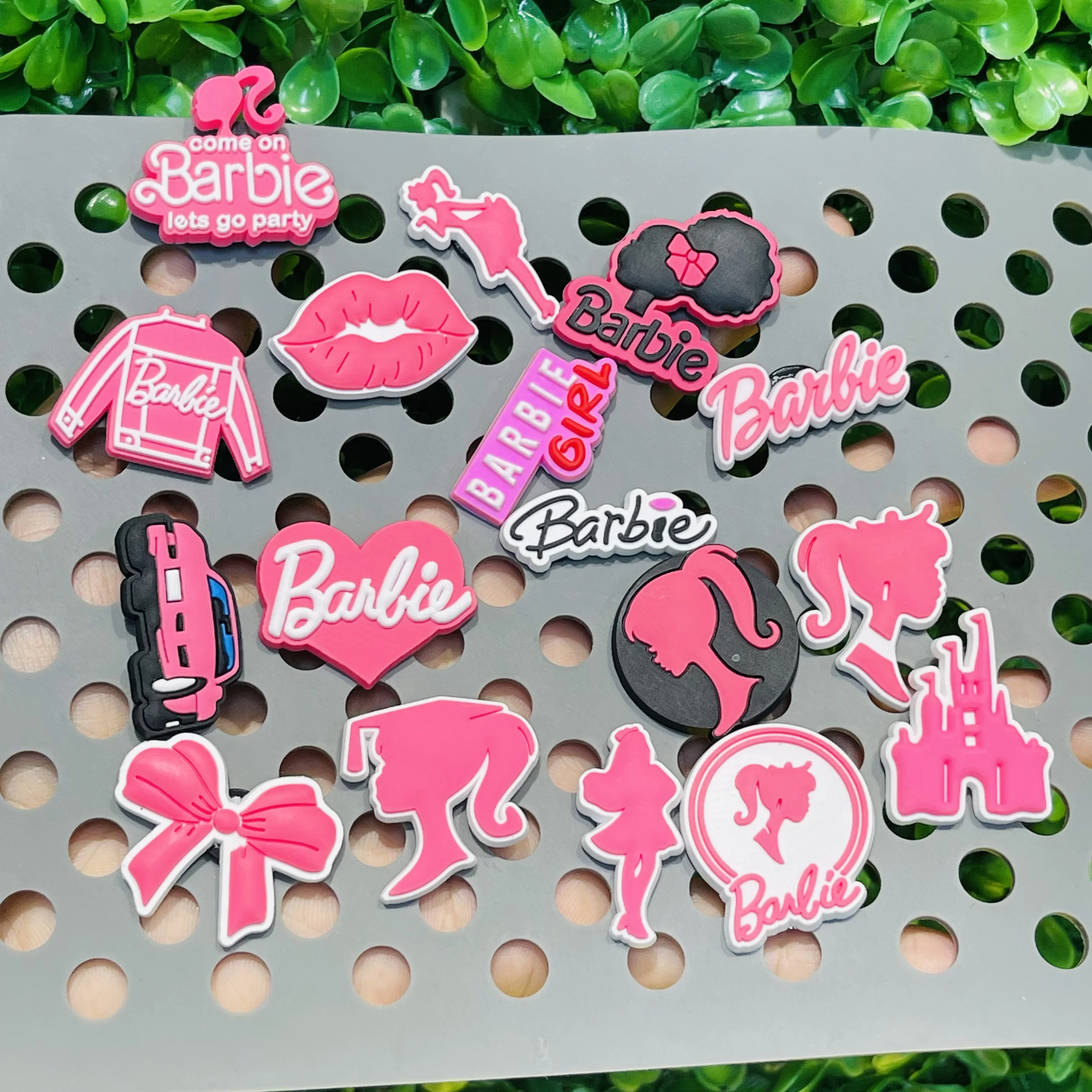 17PCS Cartoon Miniso Disney Barbie Girl Car Coat Bow Lips PVC Shoe Charms For Clog Pins Children Adorable Decoration Party Gift