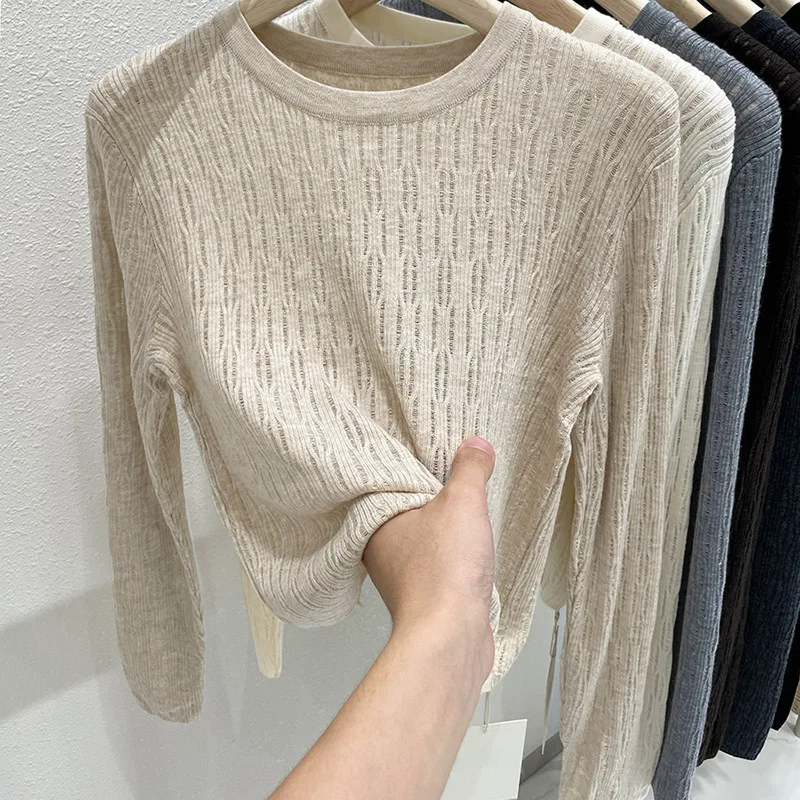 

Premium Lightweight Hollow out Long Sve Knitted Sweater Base Layer Thin irt Casual Sle Loose Fit Women's T-irt