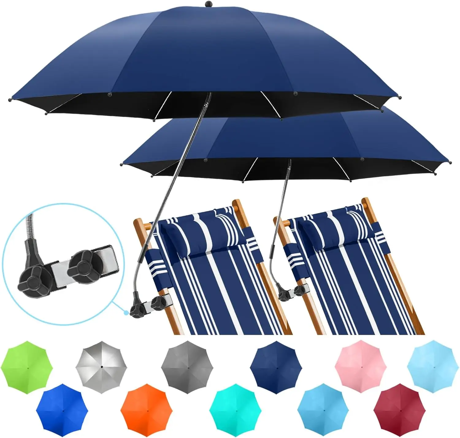 

2 PACK Beach Umbrella with Clamp, 360 ° Adjustable Umbrellas for Chair, UPF50+ Umbrella for Beach