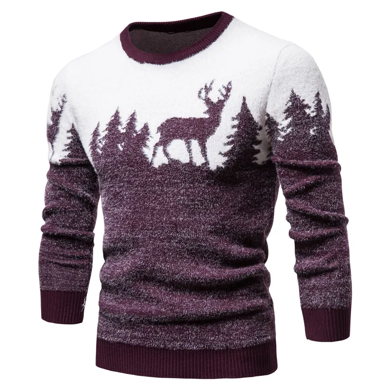 Camisolas de natal masculino de malha quente engrossar casual camisola de inverno vintage lã elk pullovers gola redonda lã