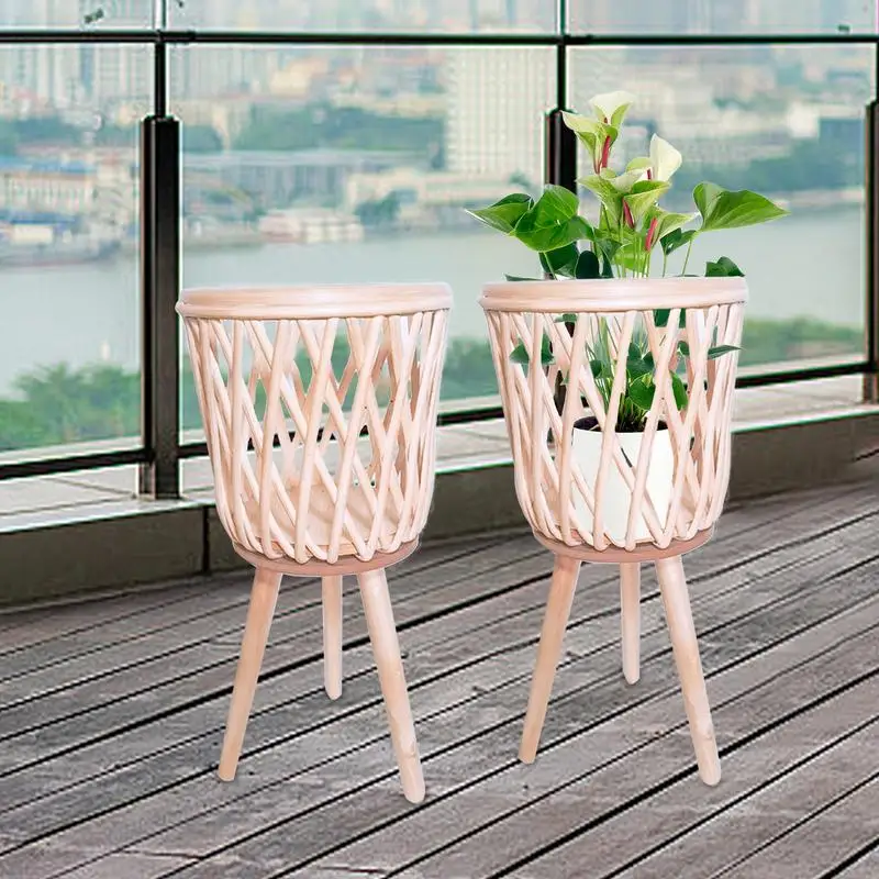 

Rattan Flower Pot Boho Plant Stand Woven Plant Pot Stand with Wooden Legs Sturdy Rattan Plant Pot Garden Home Decoration