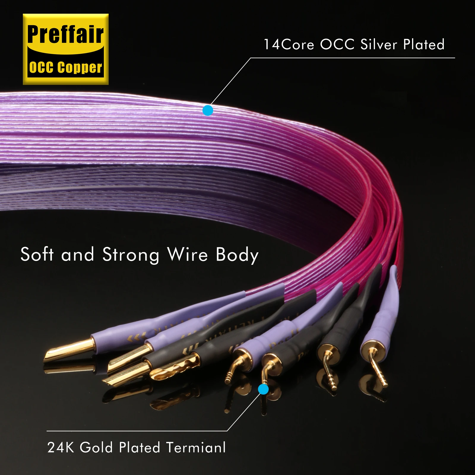 HiFi OCC Speaker Cable Purple Phoenix flat belt speaker cable with Serrated Banana Y Plugs Cable for Speaker Amplifier