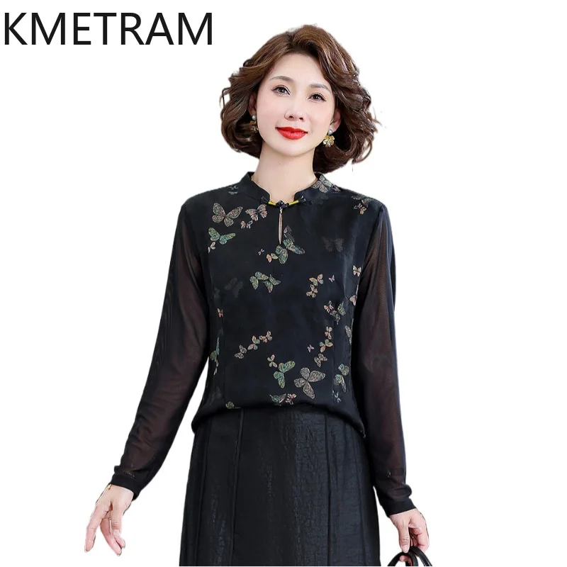 

KMETRAM 100% Mulberry Silk Women Shirt 2026 Spring High-end Classical Long-sleeved Base Layer Shirt Woman Clothes Blusa Feminina