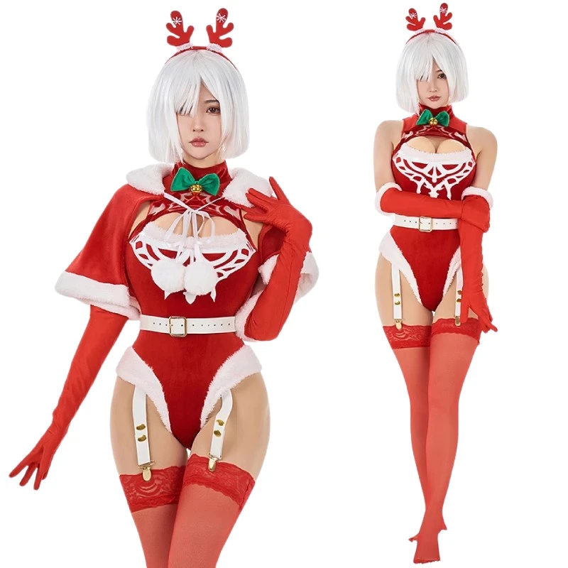 Christmas Women Sexy Jumpsuits Anime NieR Automata 2B Cosplay Costumes YoRHa No 2 Type B Red Pantyhose Gloves Hairband Xmas Gift