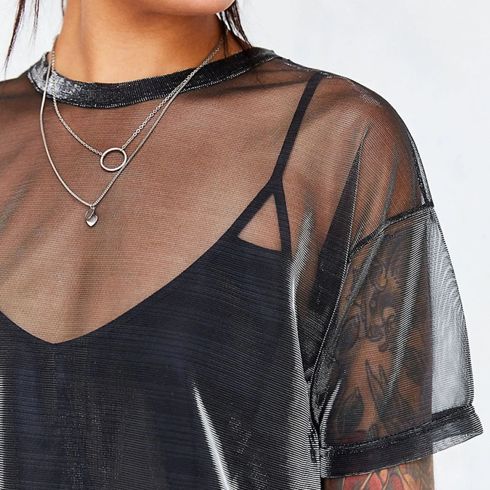 Sexy Women's Sheer Mesh Transparent T-shirts Shinny Short Sleeve Crew Neck Baggy Stretch Night Club T Shirt Woman Clothing