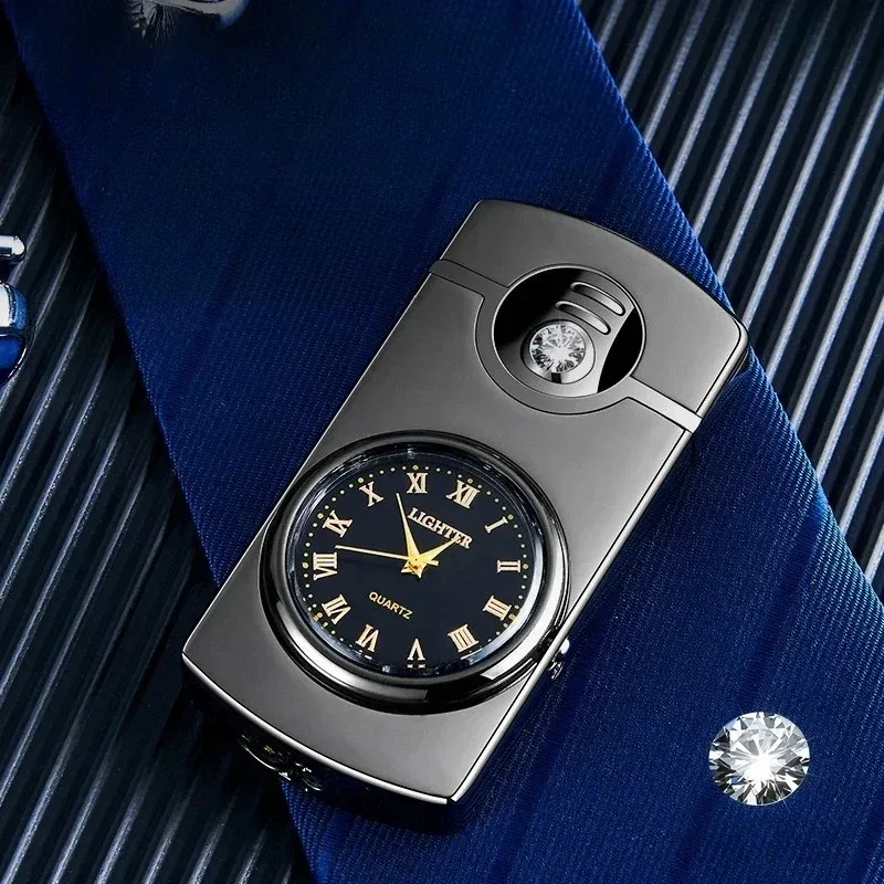 Novel Unique Flame Jet Metal Butane Gas Cigar Lighters Creative Lighter With Clock Premium Festival Gifts Smoking Accessories