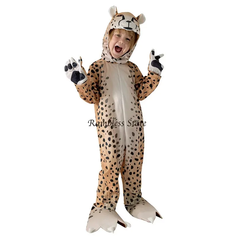 

2025 New Halloween Children Animals Leapard Cosplay Jumpsuit for Halloween Kids Cos Clothing 105-145cm Height Boy Girl Cheetah C
