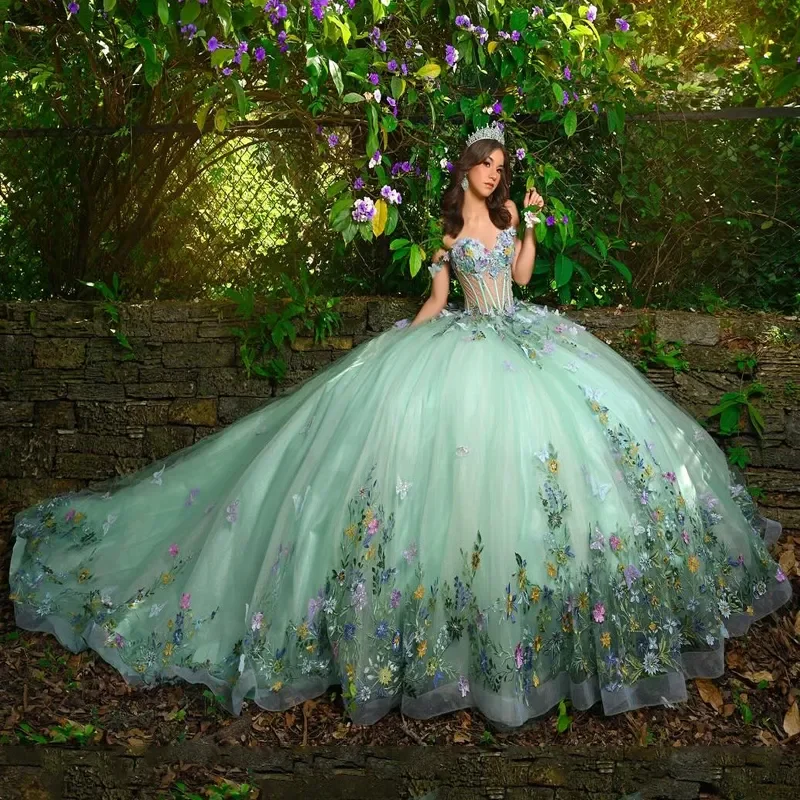 ANGELSBRIDEP 3D Butterfly Applique Sage Green Quinceanera Dress Ball Gown Beading Tull Corset Sweet 16 Vestido De 15 Anos Custom