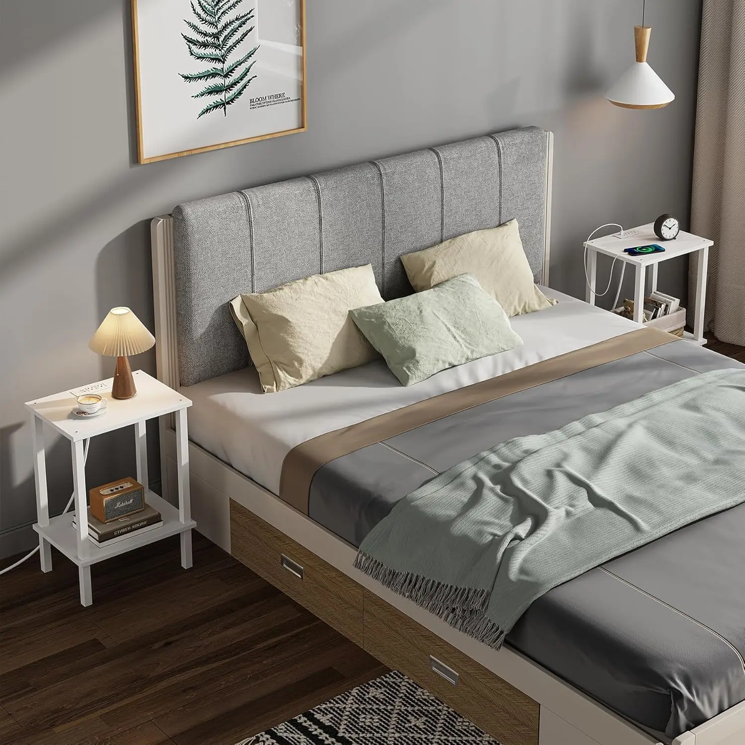 End Table with Charging Station, Set of 2, Small Side Table with Outlets, Nightstand Bedside Table, 2-Tier Storage Shelf for