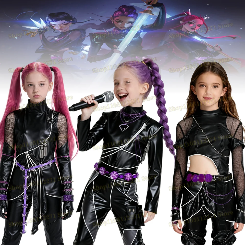 

Kids Anime Kpop Demons Hunters Mira Cosplay Costume Wig Black Leather Battle Suit Coat Pants Belt Gloves Halloween Party Props