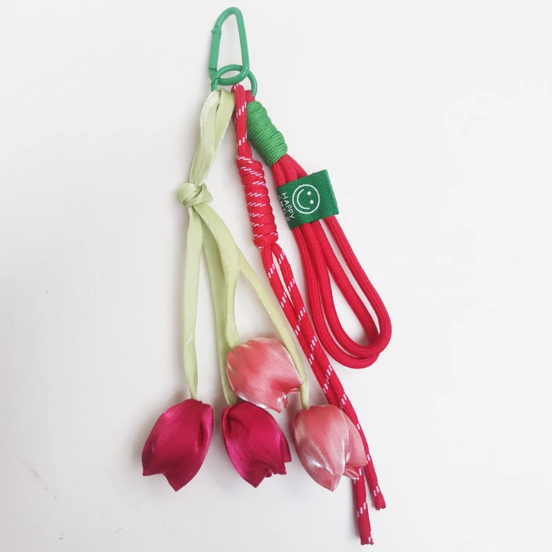 New Fresh Style Tulip Flower Bag Charm High Aesthetic Keychain Handbag Decorative Nylon Lanyard Sweet Spring Style