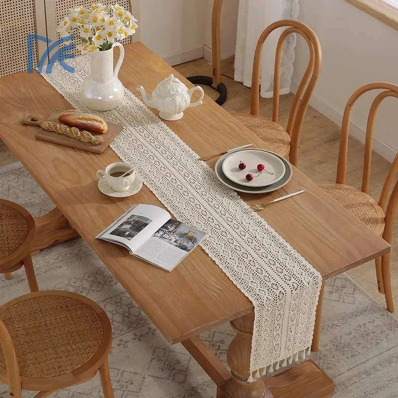 Boho Beige Table Runner, Vintage Farmhouse Bohemian Crochet Macrame Table Runner for Wedding Party Coffee Dining Table Decor