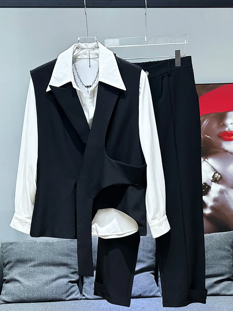 

2024 New Fashionable Korean Style Men's Sleeveless Suit Two-Piece Set Irregular Design Trendy Autumn Collection Long Pants