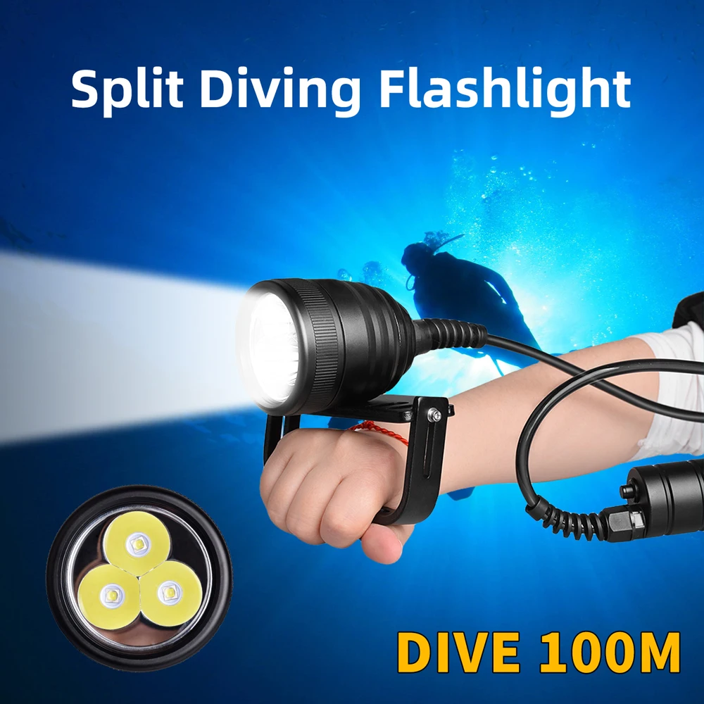 DiV10 Super Bright Diving Flashlight, Underwater LED, Split Flashlights, Professional Torch, 26650 Battery, 200m, 200m