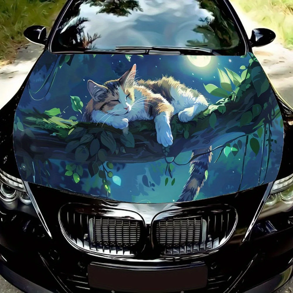 Easy-to-install Car hood stickers with Cat on a Branch under the Moonlight pattern - car vinyl wraps, bubble-free design, Waterp