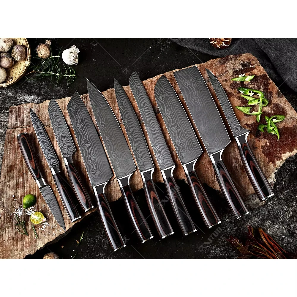 

Professional Kitchen Knife Set (1-10 pcs) High-carbon Stainless Steel Chef Knife Laser Damascus Pattern Sharp Slicing Knife