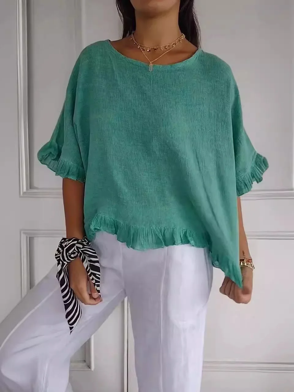 2026 New Cotton Blouse Shirts Summer O-Neck Short Sleeve Loose Casual Linen Blouse Tops Summer Cothes For Women Streetwe