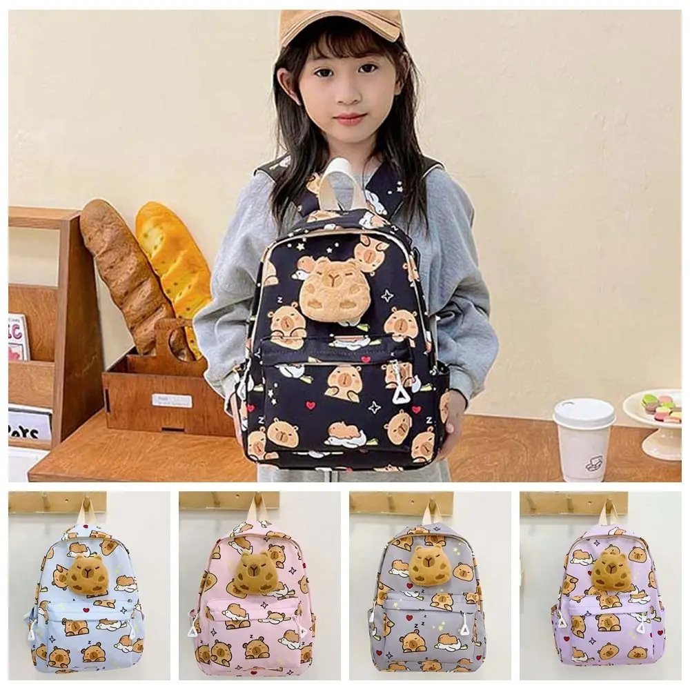 Cute Thickened Capybara Backpack Wide Straps Nylon Cartoon Animal Daypack Multi Functional Lightweight Plush Doll Ornament Gifts