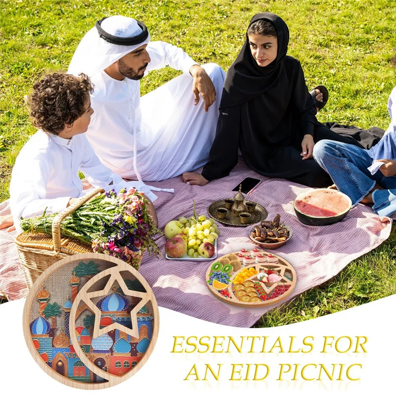 ABWR-Ramadan Decorations For Home -11.6 Inch Tray Eid Mubarak Religious Painting Cupcake Food Candy Plates Wooden Decorations Du