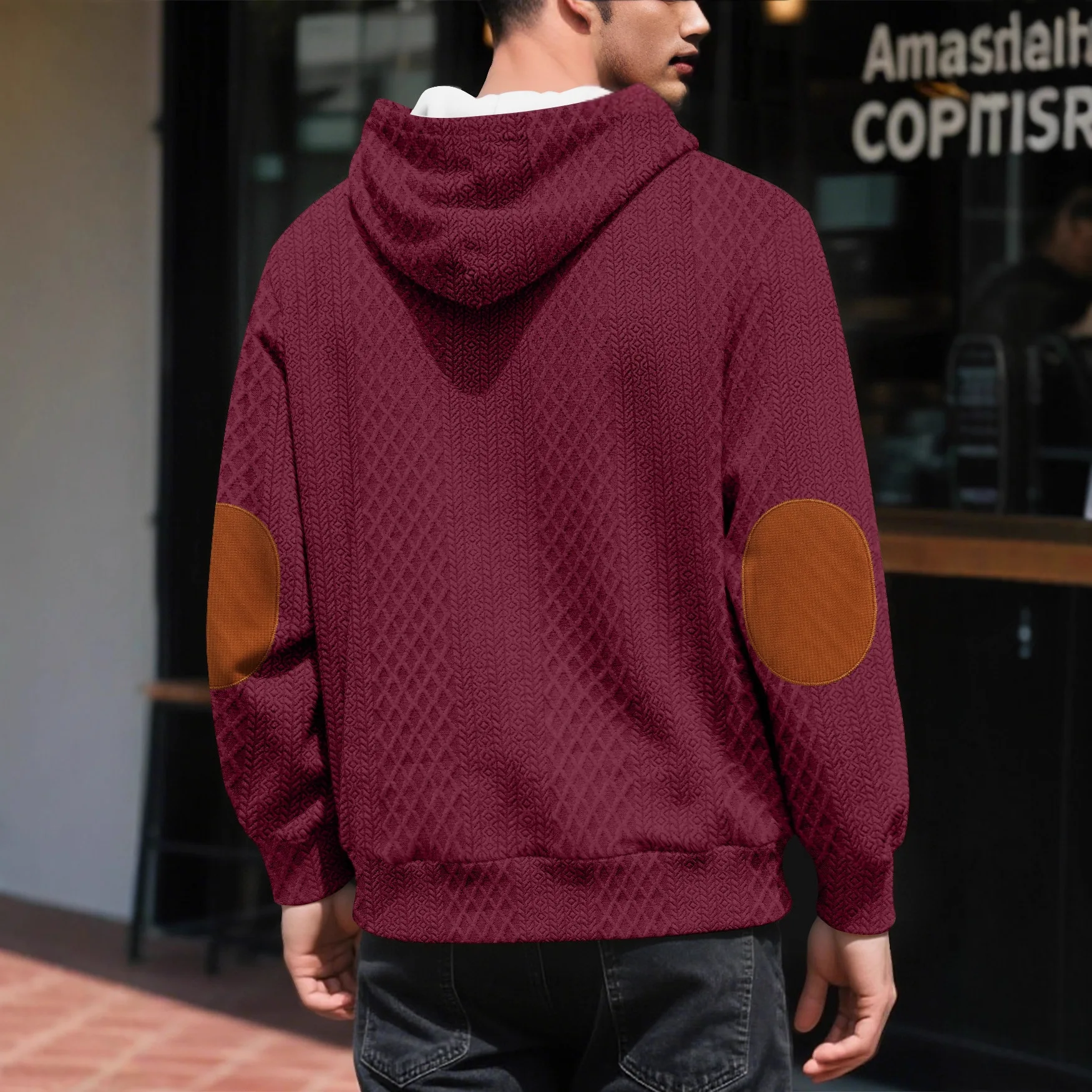 Men's Autumn/Winter Hooded Jacquard Color-Block Drawstring Casual Vintage Loose Commute Sweatshirt