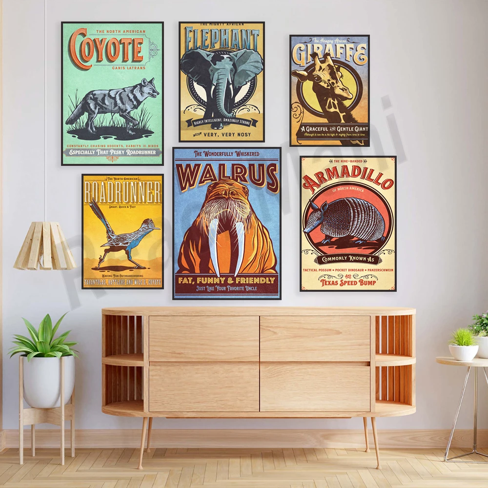 Beaver, elephant, giraffe, walrus, grizzly bear, gray fox, nine-banded armadillo, roadrunner, coyote American animals poster