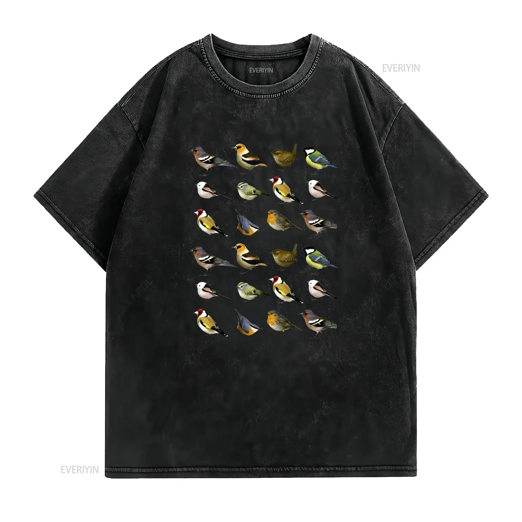 Camiseta Casual Vintage para Hombre Estampado Geométrico de Pájaros Coloridos Cuello Redondo Blanco Corte Holgado Tejido Unisex