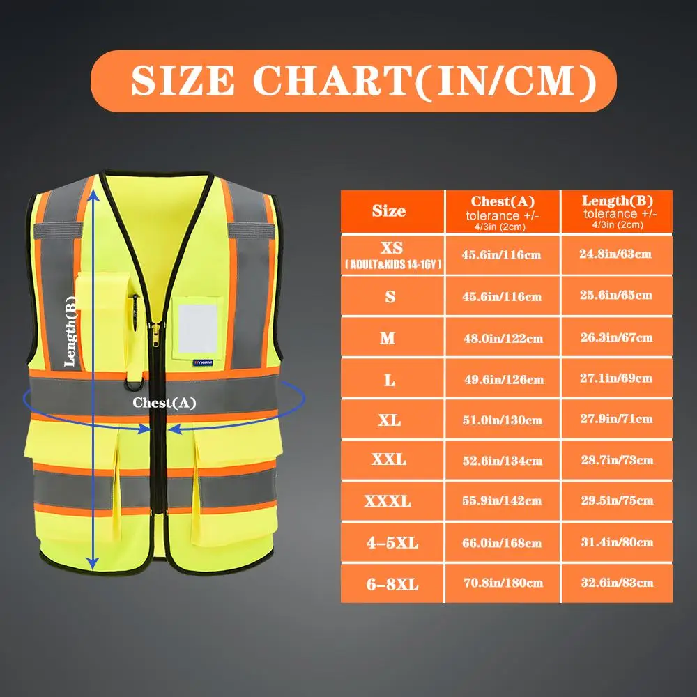 AYKRM High Visibility Safety Vest with Pockets Reflective Strips and Zipper,Yellow Orange(XS-6XL)