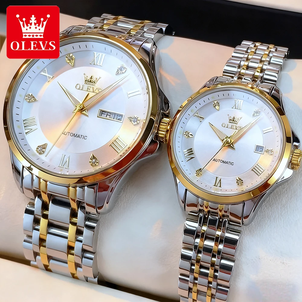 OLEVS ساعات الزوجين الفاخرة موضة الفولاذ المقاوم للصدأ العلامة التجارية الأعلى الأصلية التلقائية الميكانيكية ساعة اليد مقاوم للماء التقويم 2 قطعة #1