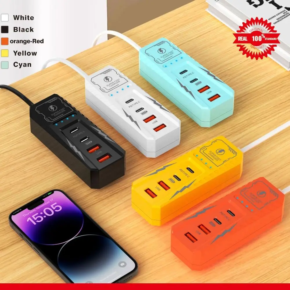 เต้ารับชาร์จ USB 4 พอร์ตแบบยูนิเวอร์แซล ช่องเสียบหลายพอร์ต 2PD+2USB ปลั๊กไฟสำหรับโทรศัพท์ ชาร์จเร็ว รองรับปลั๊ก EU/US