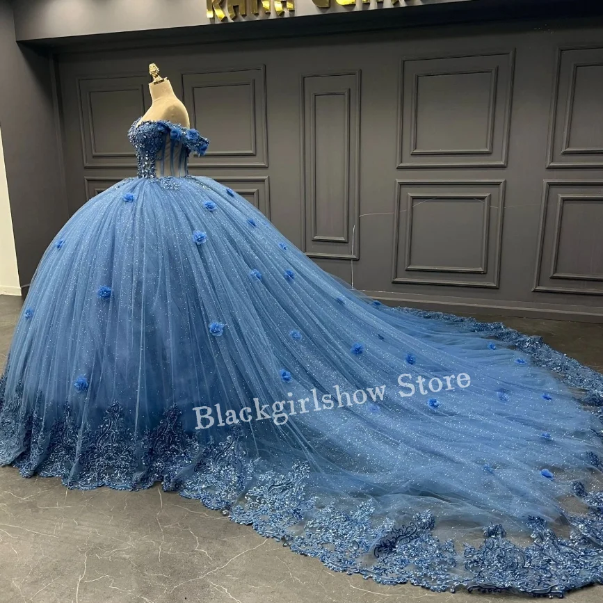 Elegant Princess Blue Quinceanera Dress 2024 Luxury Sheath Corset Sequin Applique Chapel Train vestido de 15 años