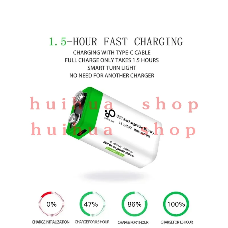 9V Lithium Ion Rechargeable Battery Type-C USB Battery 9V Multimeter Lithium Microphone Metal Detector Cable Remote