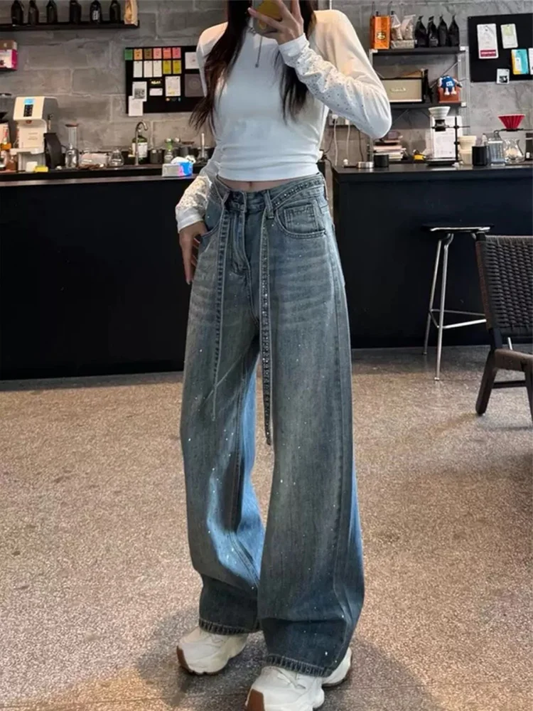 Grande taille américain Sle strass Denim taille haute jambe droite pantalon large pour poire aped femmes automne tenue décontracté