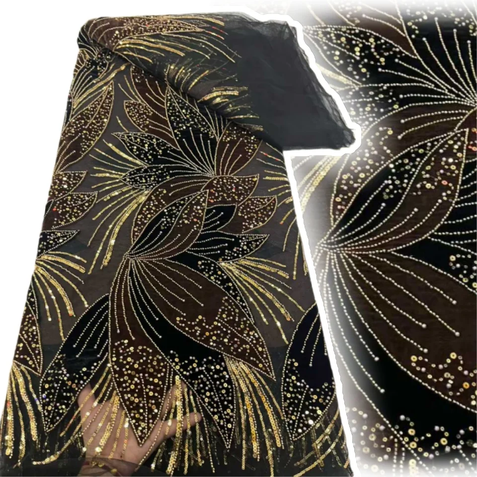 

Африканская бархатная кружевная ткань 2025 года, высокое качество, с вышивкой бисером и блестками, французская нигерийская кружевная ткань для свадьбы AH1440