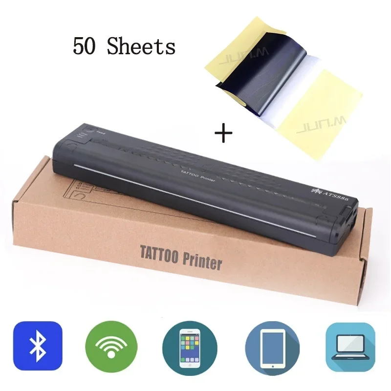 Impresora térmica portátil para tatuajes, máquina de transferencia con Bluetooth, fabricante de plantillas, línea de dibujo, fotocopiadora de impresión fotográfica, 50 hojas de papel A4