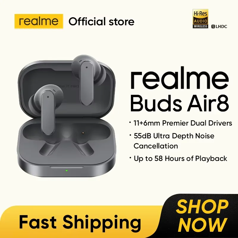   글로벌 버전 realme Buds Air 8 55dB 초강력 노이즈 캔슬링 트루 무선 이어폰 블루투스 5.4 이어버드 LHDC 5.0 IP55