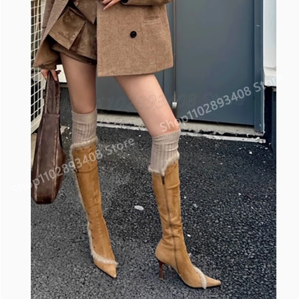 

Solid Suede Feather Decor Mid Calf Boots Hot Girls Buckle Belt Stiletto High Heel Fashion Sexy Women Shoes 2025 New Para Mujere