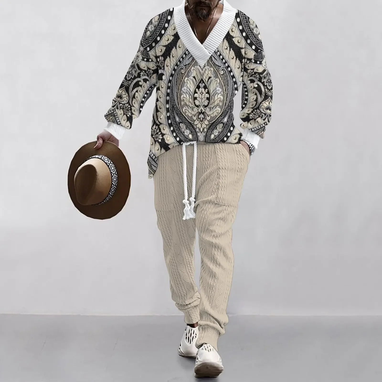2024 3D Printed Casual Loose Long-sleeved Jacquard Knitted Sweater Long-sleeved Trousers Men's Suit