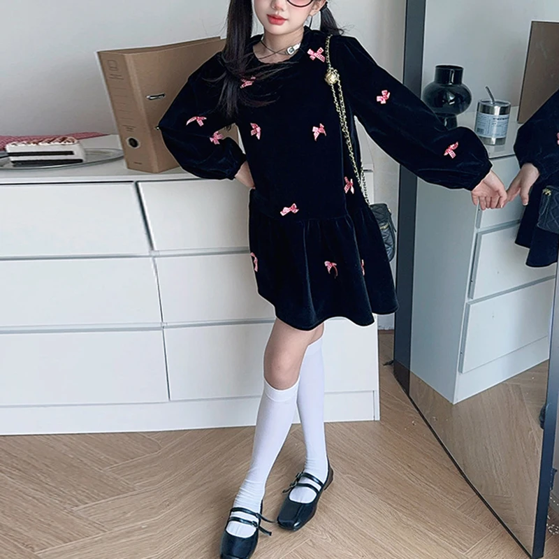 Girls\' Velvet Dress Spring and Autumn New Style Bow Sweet Cool Girls\' Black Velvet Dress Bottom Round Neck Christmas Festival