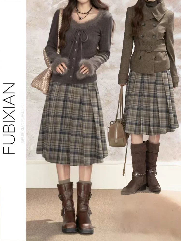 

Юбка женская плиссированная шерстяная в клетку с высокой талией, весна-лето-осень, модная, в студенческом стиле, А-силуэт, для молодых девушек