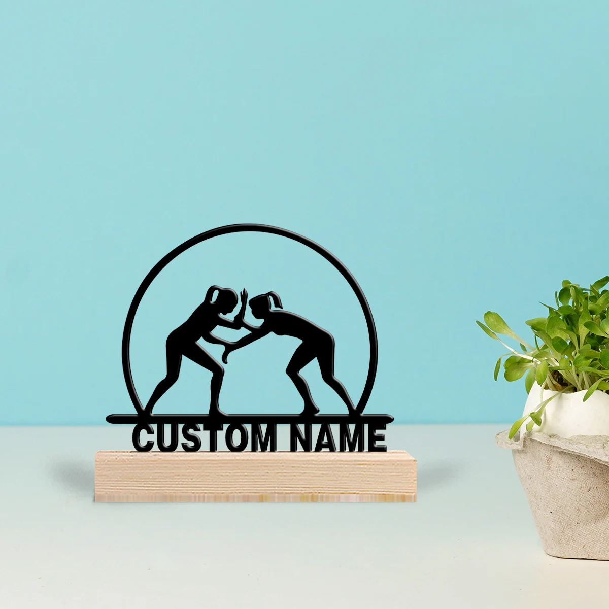 1pc Simple Martial arts Custom Text Tin Statue Tin Ornament Tin Sculpture With Wood Base Art Figurine With Wood Base Home Table
