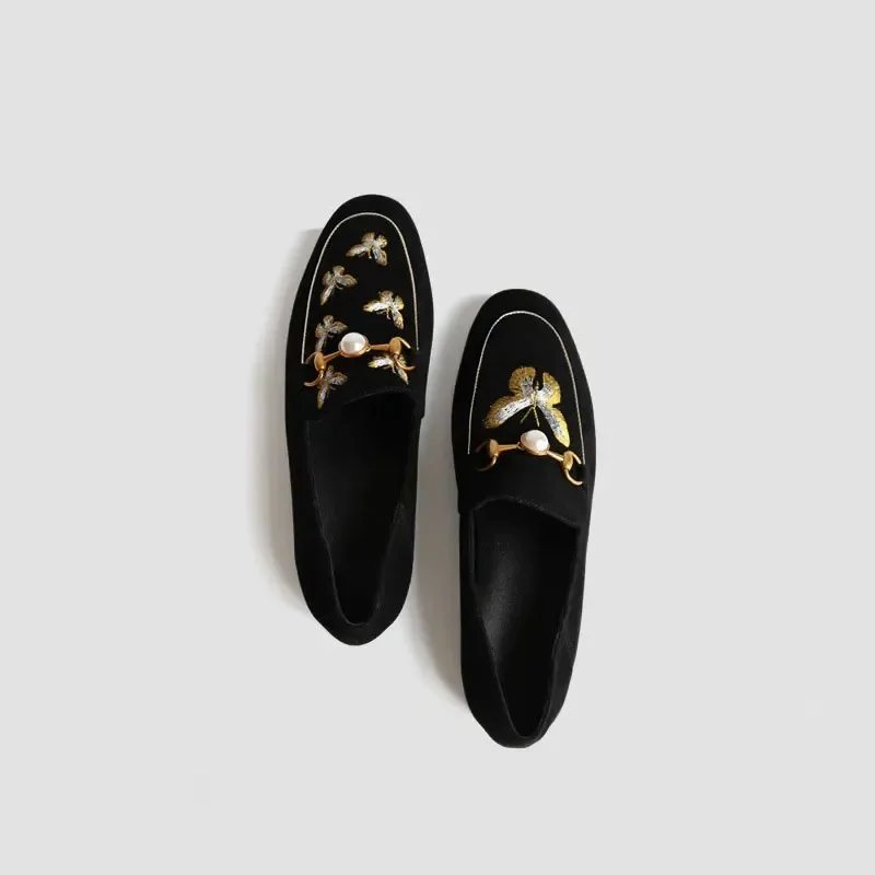 Women Shoes Flat  Loafers Comfortable Work Flats Shoe loafers Female New 2023 Spring Autumn Pearl Embroidered Bee 40