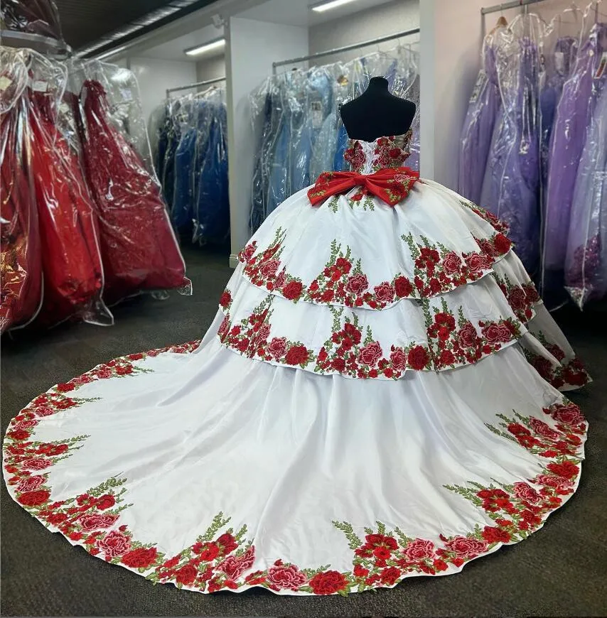 White Red Mexican Charro Quinceanera Dresses customsized 3D Floral Applique Corset Princess vestido 15 anos debutante luxo