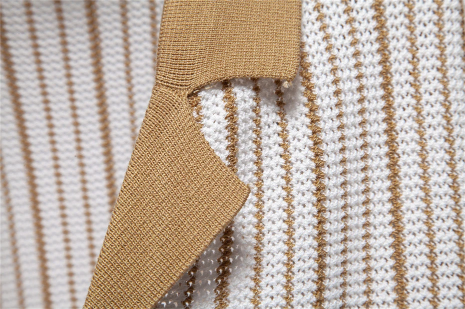 Knitted Stripe Polo Shirt Men Summer Short Sleeve Polo Shirt Fashion Casual Contrast Color Stripe Knit Tops Male