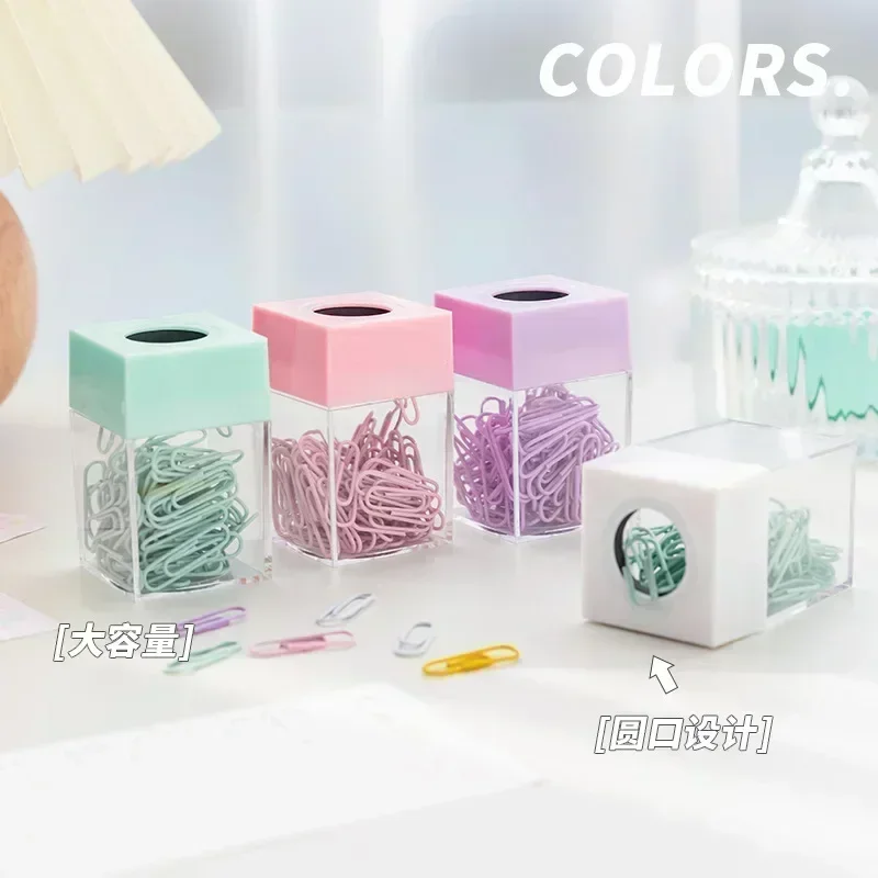 1Set Macaron Color Paper Clips Office School Paperclips Transparent Storage Box with 18pcs Paper Clips for Office Supplies