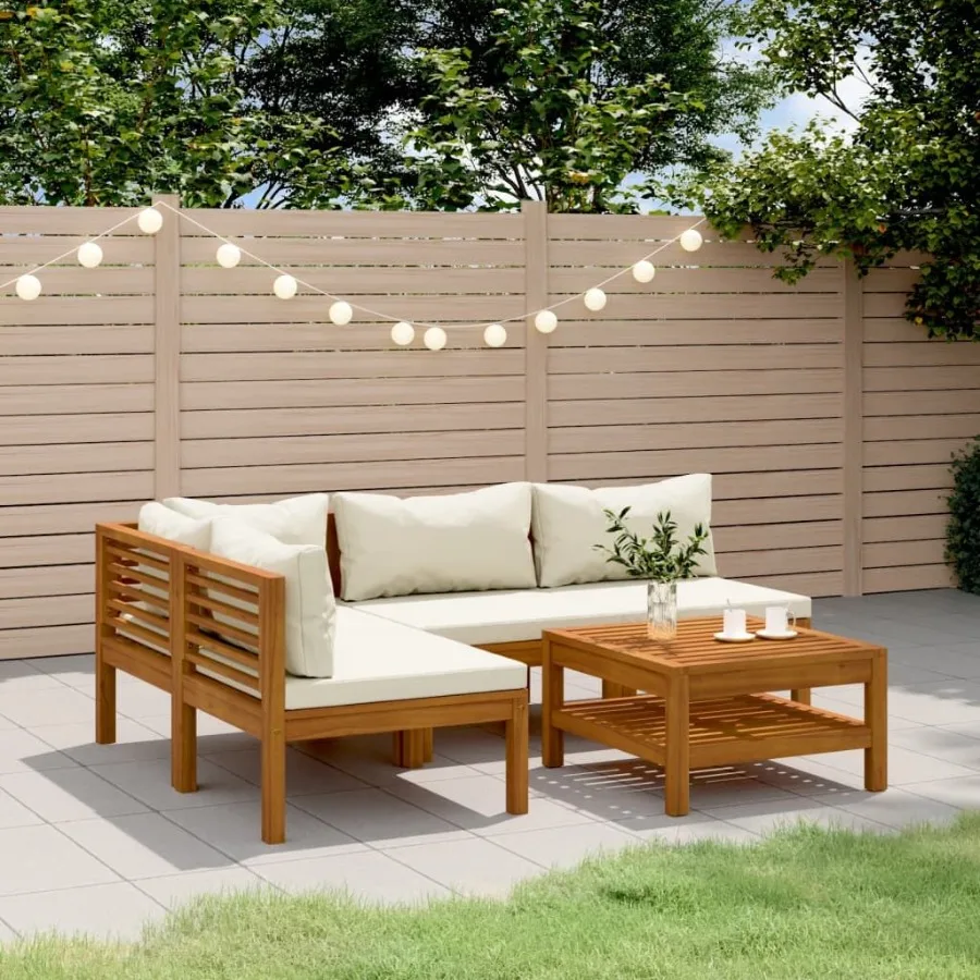 

5 Piece Patio Lounge Set with Cream Cushion Solid Acacia Wood