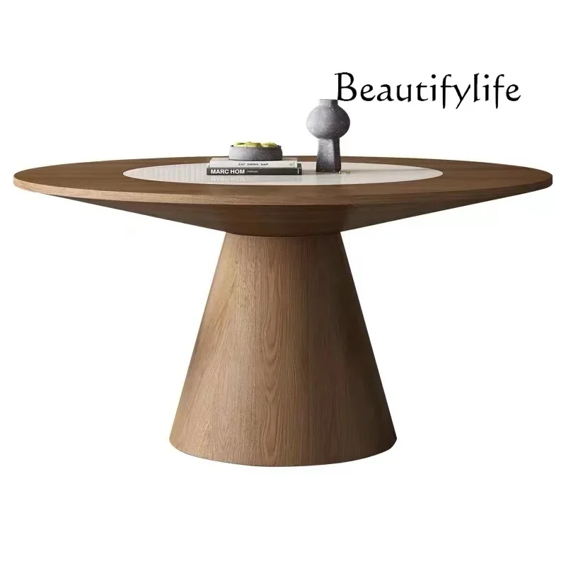 

Modern simple Italian large round table Minimalist solid wood household with embedded rock slab turntable dining table