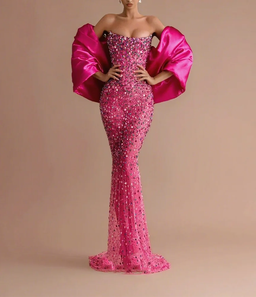 

Mermaid Fuchsia Formal Evening Dress Heavy Handmade Prom Dresses With Cloak Sleeveless Party Prom Gowns Customized