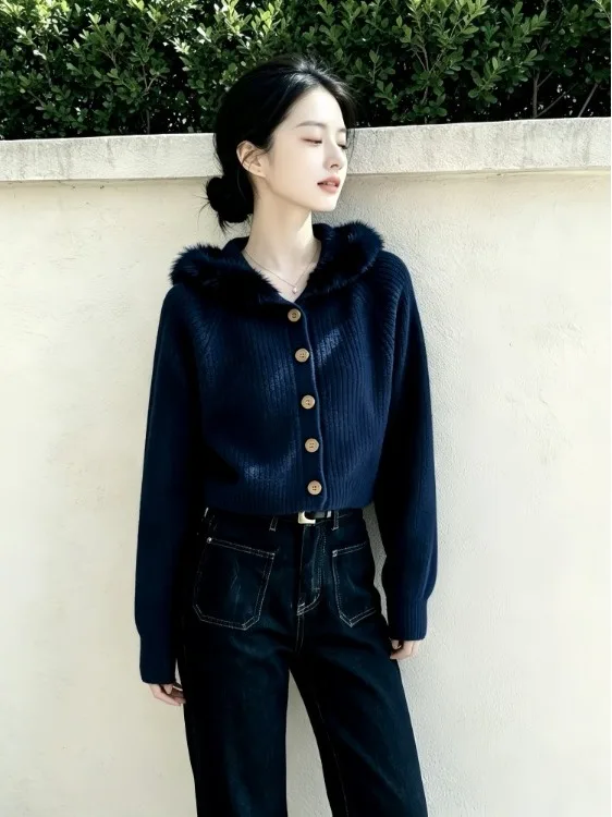 Korean Style Sweater Coat Women's Autumn Winter New Fashion Light Mature Fur Collar Open Cardigan Top Outerwear Trendy