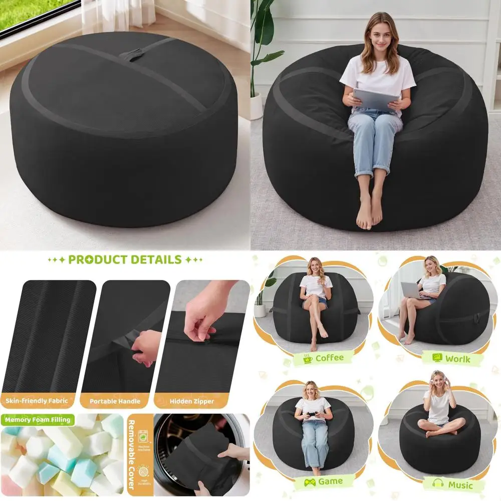 

Большое кресло-мешок 3T черного цвета со съемным чехлом, идеально подходит для гостиной, спальни и уголка для чтения, с наполнителем из плюшевой пены с эффектом памяти