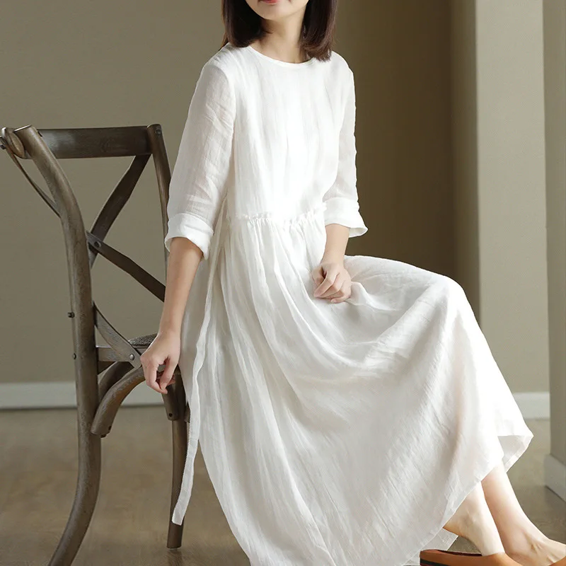 

2025 New Summer Ramie Dress White Cotton and Linen High Waist Slimming Artistic Loose round Neck